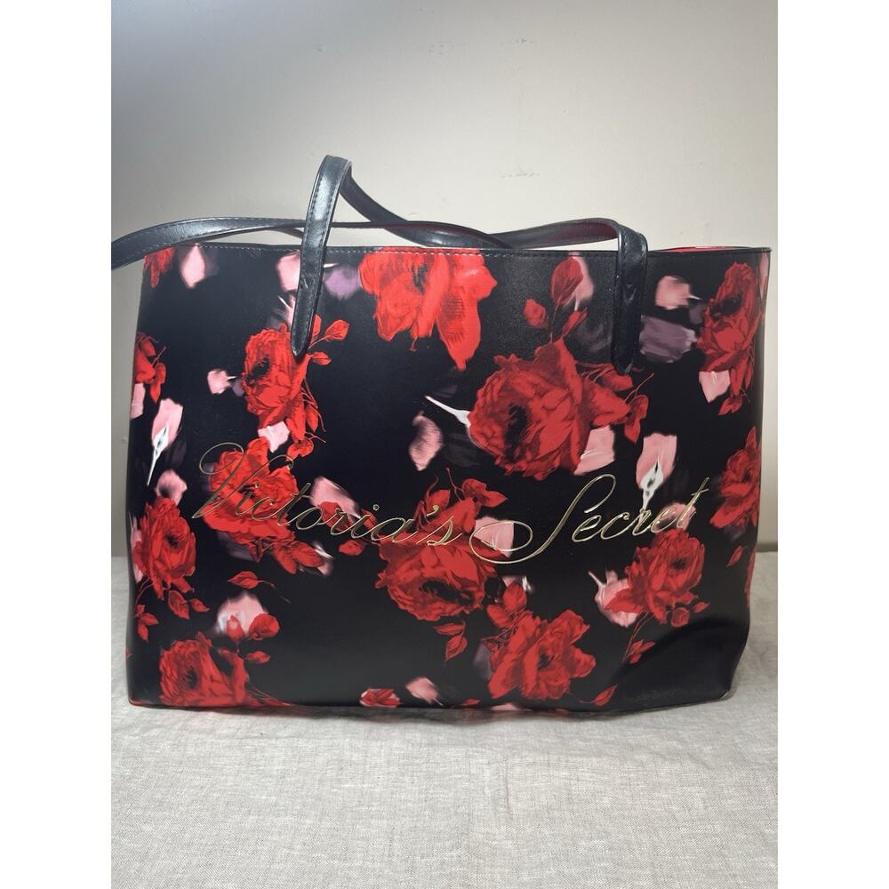 Victoria’s Secret Black/Red Floral‎ Rose Logo Tote Handbag PreOwned EUC-MINT